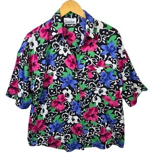 Connections Retro Floral Women's Button-Down Shirt Size Large